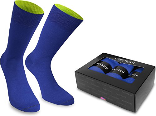 3 oder 5 Paar farbig trendige Business Socken/Strümpfe mit farbig abgesetztem Bund im Bi-Color-Design Farbe 3er Box - Royalblau/Säuregelb Größe 47/50 von normani