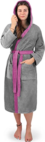 normani Damen Frottee Baumwoll Bademantel - Saunamantel - zweifarbig mit Kapuze (Gr. XS - 4XL) Farbe Grau/Rosa Größe S von normani