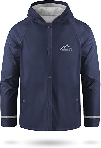 normani Kids Kinder Regenjacke mit Kapuze Regenmantel mit Einschubtaschen für Jungen und Mädchen - Wassersäule: 5000 mm mit 3M™ Scotchlite™ Reflektoren und 2-Wege-Stretch Farbe Navy Größe S-122/128 von normani