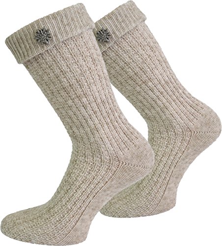 normani Trachtenstrümpfe, Socken, Kniestrümpfe mit Zopfmuster Farbe Naturmelange mit Edelweiß-Anstecker Größe 39/42 von normani