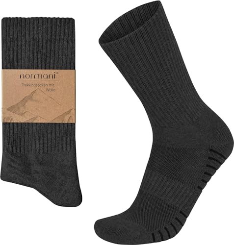 normani Trekkingsocken aus Wolle mit Polstersohle und Komfortbund Sportsocken Wandersocken mit Schafwolle 4 Paar für Herren und Damen Farbe Anthrazit Größe 39-42 von normani