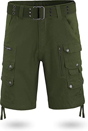 normani Vinatge Sommerhose Kurze Bermuda Shorts mit 16 Taschen für Herren aus Baumwolle inkl. Vintage-Gürtel mit Ösen Farbe Oliv Größe 3XL von normani