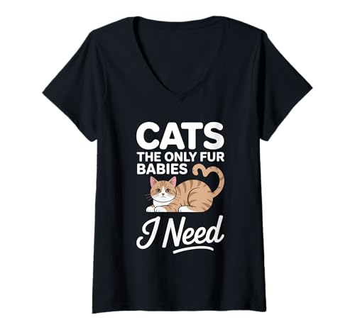 Damen Cats the only fur babies I need Wortspiel 70er Jahre Katzenkunst Katzen T-Shirt mit V-Ausschnitt Damen Cats the only fur babies I need Wortspiel 70er Jahre Katzenkunst Katzen T-Shirt mit V-Ausschnitt von nostalgic cat illustration classic kitty graphic