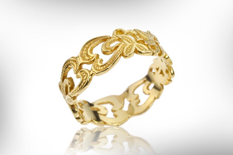 Braut Ehering, Vintage Gold Ehering, Jugendstil Spitzenband Für Frauen, Einzigartiger von nuritdesignjewelry