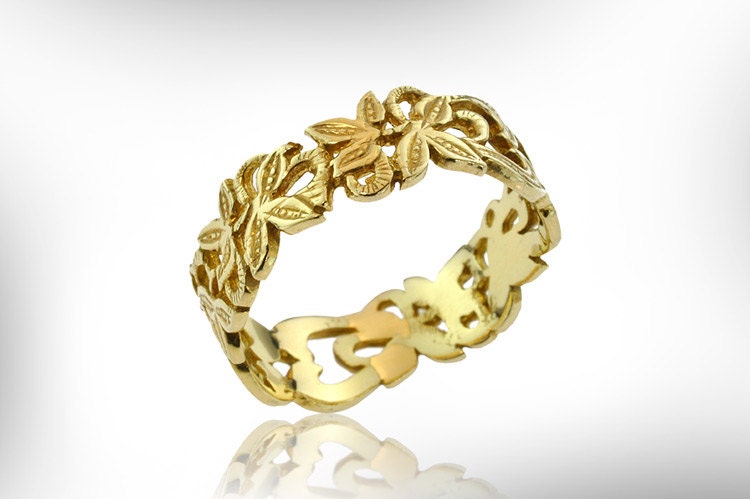 Einzigartiges Marrige Band Für Frauen, Vintage Stil Ehering, Jugendstil Gold Spitze Braut Blätter Und Blumen Ring von nuritdesignjewelry