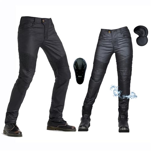 oFzimTo Motorradhose Herren/Damen, wasserdichte Beschichtung Motorrad Jeans mit Protektoren, Winterhose Stretch Motorradbekleidung (Schwarz-A,S) von oFzimTo