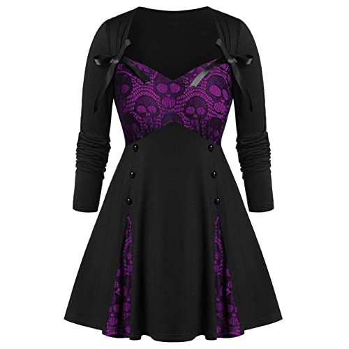 obaSeteck Damen Plus Size Spitze Mock Button Bowknot Kleid Punk Gothic Vintage Split V-Ausschnitt Kleider(L, Z2) von obaSeteck