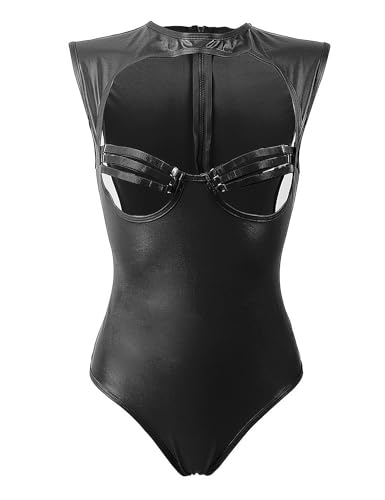 ohmydear Damen PU-Leder Bodys Erotik Damen Dessous Sexy Wetlook Bodysuit Frauen Kunstleder Brustfrei Body Reizwäsche Snap Crotch Clubwear Party PU-Leather Kostüm von ohmydear