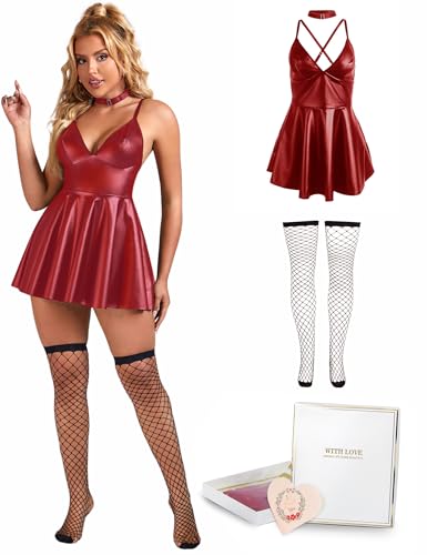 ohmydear Lederkleid Damen Sexy Kurz Babydoll Leder Dessous Damen A-Linie Clubwear Sexy Outfit für Frauen Curvy Unterwäsche Wetlook Kleid für Party ohmydear Lederkleid Damen Sexy Kurz Babydoll Leder Dessous Damen A-Linie Clubwear Sexy Outfit für Frauen Curvy Unterwäsche Wetlook Kleid für Party von ohmydear