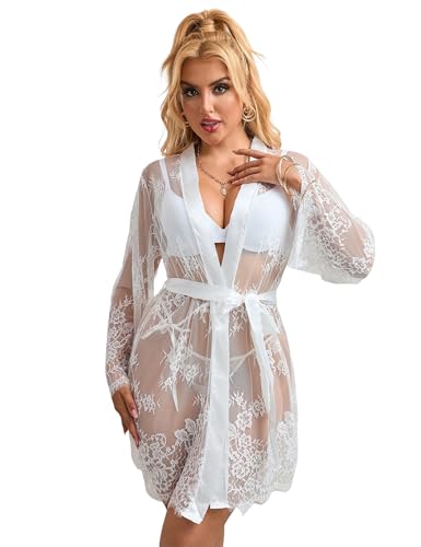 ohmydear Damen Morgenmantel Spitze Kimono Robe Negligee Langarm Bademantel Eyelash Nachthemd Babydoll Dessous für Frauen Sexy Chemise Nachtwäsche Set Nachtkleid mit Gürtel G-String Weiß 3XL-4XL ohmydear Damen Morgenmantel Spitze Kimono Robe Negligee Langarm Bademantel Eyelash Nachthemd Babydoll Dessous für Frauen Sexy Chemise Nachtwäsche Set Nachtkleid mit Gürtel G-String Weiß 3XL-4XL von ohmydear