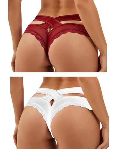 ohmydear Pantys Damen 1/2er Pack Slips Sexy Niedrige Taille String Tangas Spitze Bikini Unterhosen Sexy Bauchweg Unterwäsche für Frauen Mesh Atmungsaktiv Underwear von ohmydear