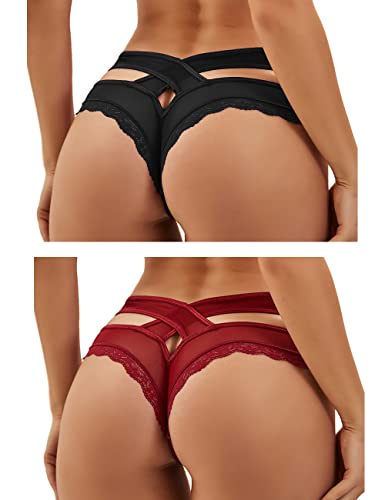 ohmydear Pantys Damen 1/2er Pack Slips Sexy Niedrige Taille String Tangas Spitze Bikini Unterhosen Sexy Bauchweg Unterwäsche für Frauen Mesh Atmungsaktiv Underwear von ohmydear