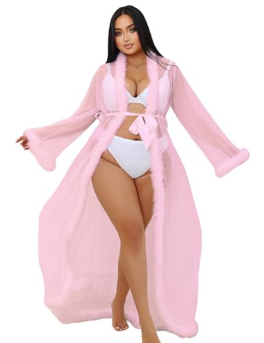 Sexy Kimono Damen Erotisch Lang Durchsichtig Dessous Spitze Morgenmantel Feder Robe Bikini Cover Up Mesh Maxi Kleid Strandkleid Umstandskleid Babydoll Negligee Cardigan mit Gürtel Rosa,XL-XXL Sexy Kimono Damen Erotisch Lang Durchsichtig Dessous Spitze Morgenmantel Feder Robe Bikini Cover Up Mesh Maxi Kleid Strandkleid Umstandskleid Babydoll Negligee Cardigan mit Gürtel Rosa,XL-XXL von ohyeahlady