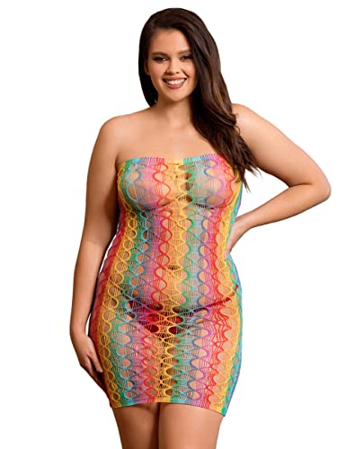 ohyeahlady Bodystocking Damen Regenbogen Kleid Sexy Fischnetz Spitze Große Größen Rainbow Minikleid Bikini Cover Up Negeligee Bodysuit Unterwäsche für Strand Urlaub(Mehrfarbig,XS-M) von ohyeahlady