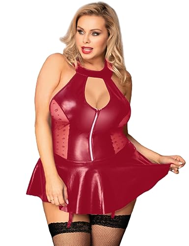 ohyeahlady Lederkleid Damen Sexy Kunstleder Catsuit Rückenfrei Frauen Wetlook Reizwäsche Dessous mit Strapsen Große Größen Minirock Erotisch Unterwäsche Curvy Clubwear Nachtwäsche M-L,Rot von ohyeahlady