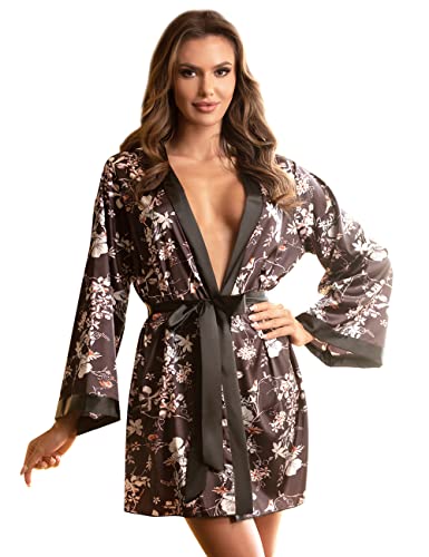 ohyeahlady Morgenmantel Seide Damen Sexy Kimono Satin Japanisch Strand Spitze Hochzeits Roben Weiter Ärmel Reizwäsche Set Cover Up mit G-String Gürtel(Schwarz B,XL-XXL) von ohyeahlady