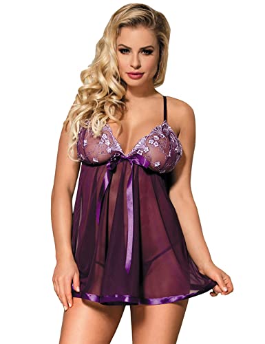 ohyeahlady Spitze Negligee Damen Babydolls Dessous Reizwäsche Große Größen Nachtkleid mit G-String Nachtwäsche Lingerie Set Nachthemd(Lila A,4XL) von ohyeahlady