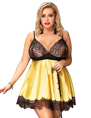 ohyeahlady Dessous Damen Negligee Sexy Große Größen Spitze Satin Nachthemd Babydoll Curvy Reizwäsche Tiefe V-Ausschnitt Lingerie Nachtwäsche Kurz Nachtkleid mit Augenklappe Gelb,M-L von ohyeahlady