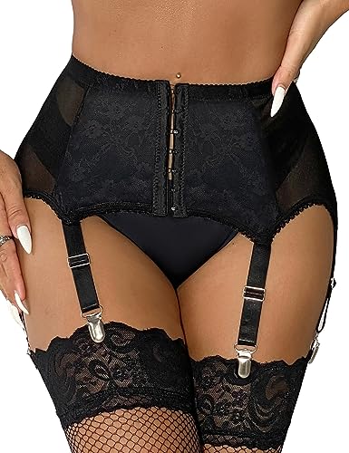 ohyeahlady Strapsgürtel Damen mit 6 Halter Sexy Spitze Wetlook Strapsen Dessous Set Strapshalter mit Metallclips Strumpfband Strumpfhalter Große Größen Strumpfgürtel Schwarz,XL-XXL von ohyeahlady