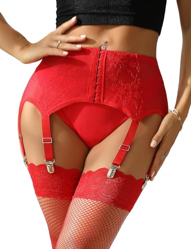 ohyeahlady Strapsgürtel Damen mit 6 Halter Sexy Spitze Wetlook Strapsen Dessous Set Strapshalter mit Metallclips Strumpfband Strumpfhalter Große Größen Strumpfgürtel Rot,XL-XXL von ohyeahlady