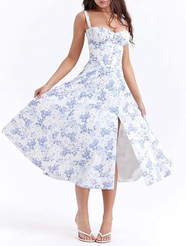 oos Print Bustier Sundress, Women's Sexy Slit Long Printed Dress Corset Dress for Women Summer Beach Strap Sundress (Blue Flower,S) von oos