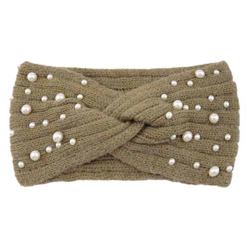 osiuujkw Gestricktes Perlen Stirnband für Damen, rutschfest, bequem und stilvoll, leichtes Polyester, Neue Perlen gestrickte Kreuz Stirnbänder, Khaki von osiuujkw