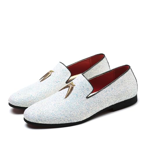 ottspu Anzugschuhe Herren Prom Slip-On Loafer Mode Oxford Glitter Für Hochzeit Prom,Weiß,40 EU von ottspu