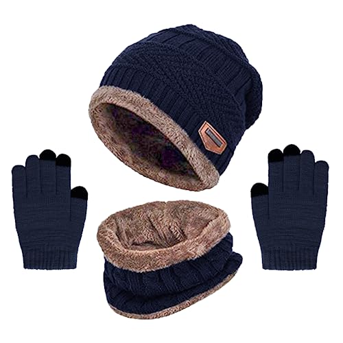 Kinder Wintermütze Schal Handschuhe, Warme Winter Strickmütze Bommel Beanie Weich Dicken Fleece Futter Schlauchschal Winterhandschuhe Hut 3 Stück Set für Mädchen Jungen Kleinkind 3-8 Jahre Marine von outfit spring