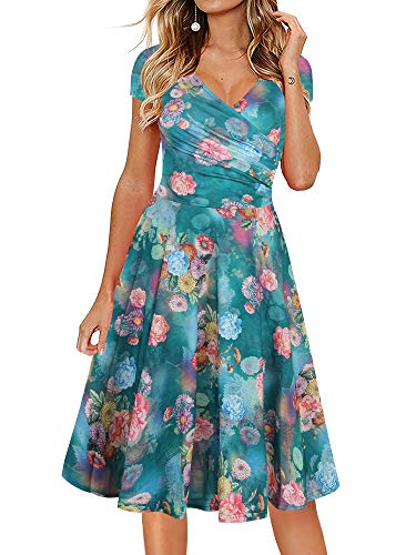 oxiuly Damen Casual Kleider Criss-Cross V-Ausschnitt Floral Flare Midi Sommerkleid OX233, Grün, Mittel von oxiuly