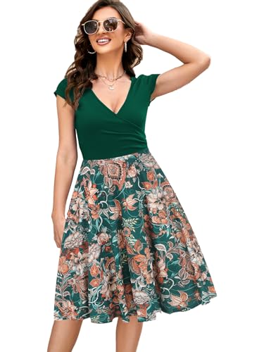 oxiuly Damen Casual Kleider Criss-Cross V-Ausschnitt Floral Flare Midi Sommerkleid OX233, Grün Fp, Mittel von oxiuly