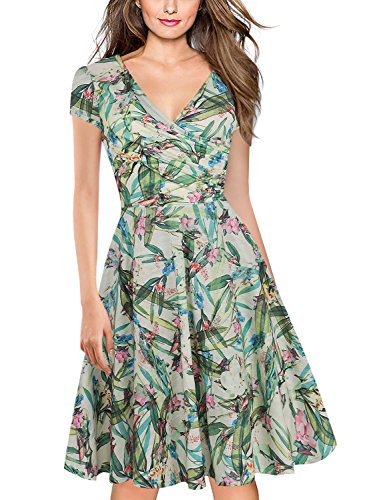 oxiuly Damen Casual Kleider Criss-Cross V-Ausschnitt Floral Flare Midi Sommerkleid OX233, Hellgrün, Mittel von oxiuly