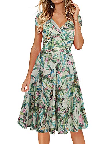 oxiuly Damen Casual Kleider Criss-Cross V-Ausschnitt Floral Flare Midi Sommerkleid OX233, Hellgrün, Mittel von oxiuly