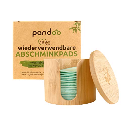 pandoo Wiederverwendbare und Waschbare Wattepads aus Bio-Baumwolle | Reusable Kosmetikpads, Make Up Entferner Pads | umweltfreundliche Abschminkpads | 18 Stück inkl. Waschbeutel und Bambus-Box von pandoo