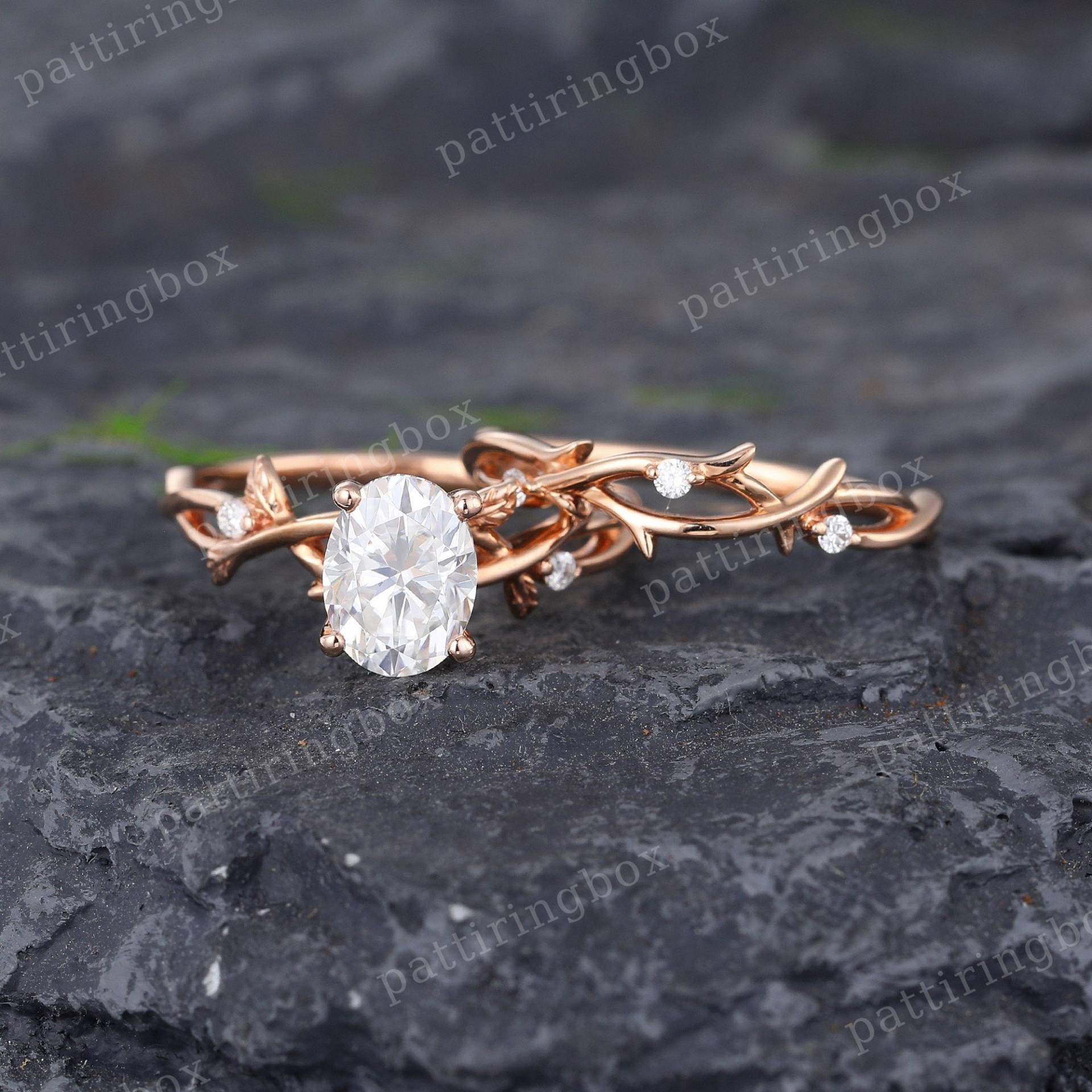 Einzigartige Oval Moissanite Verlobungsring Set Vintage Rose Gold Ring Blatt Art Deco Hochzeit Jahrestag Versprechen Geschenk Für Frauen von pattiringbox