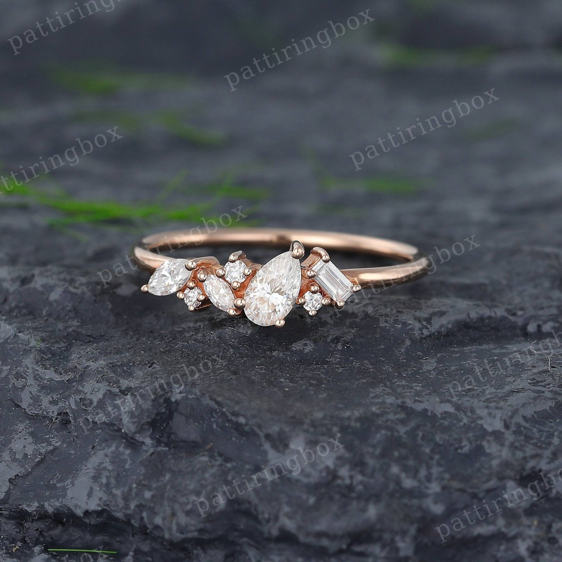 Einzigartige Birne Moissanite Verlobungsring Roségold Frauen Marquise Cluster Ring Vintage Braut Hochzeit Jahrestag Versprechen von pattiringbox