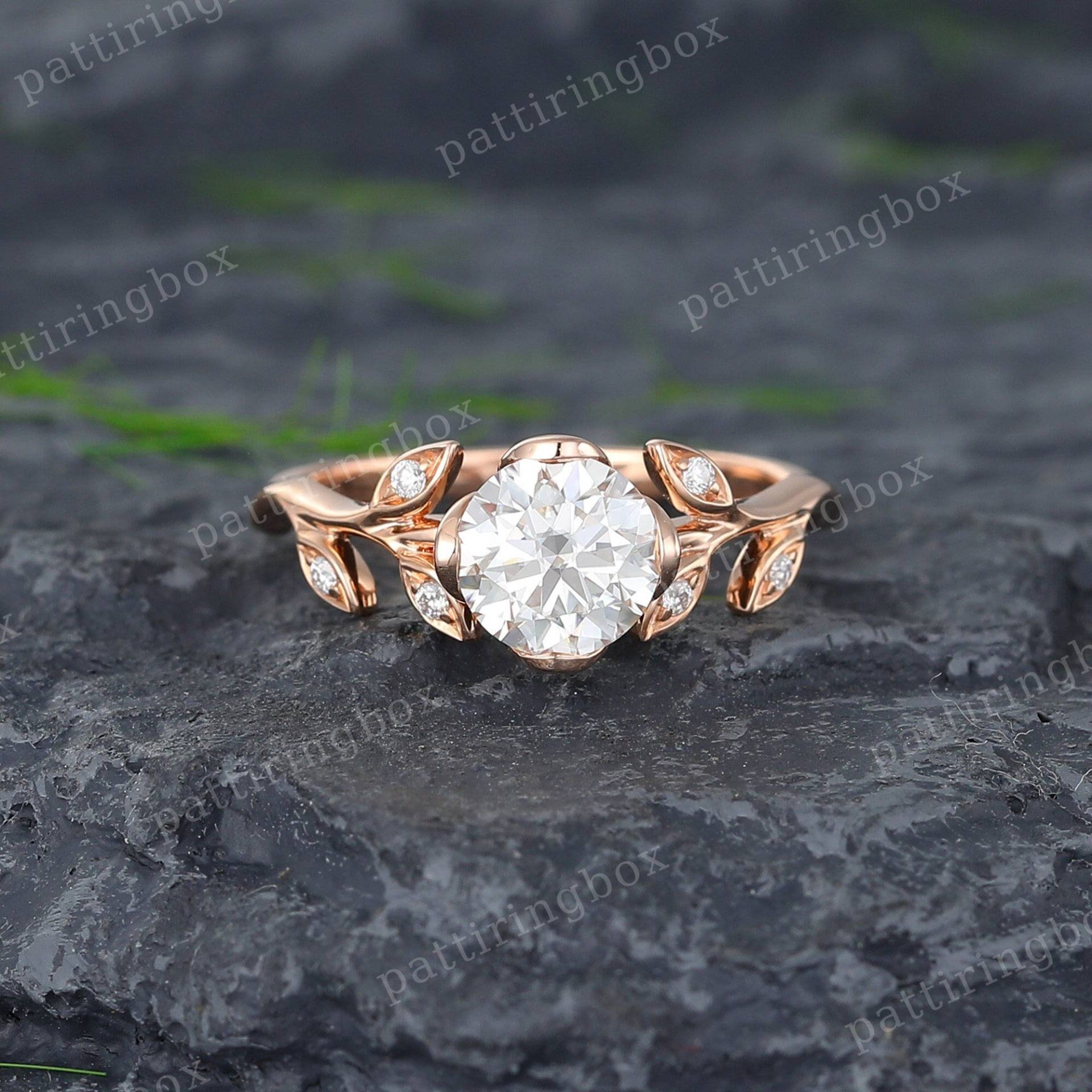 Einzigartige Rose Gold Moissanite Verlobungsring Blatt Zweig Diamant Cluster Ring Natur Blume Braut Jahrestag Für Frauen von pattiringbox