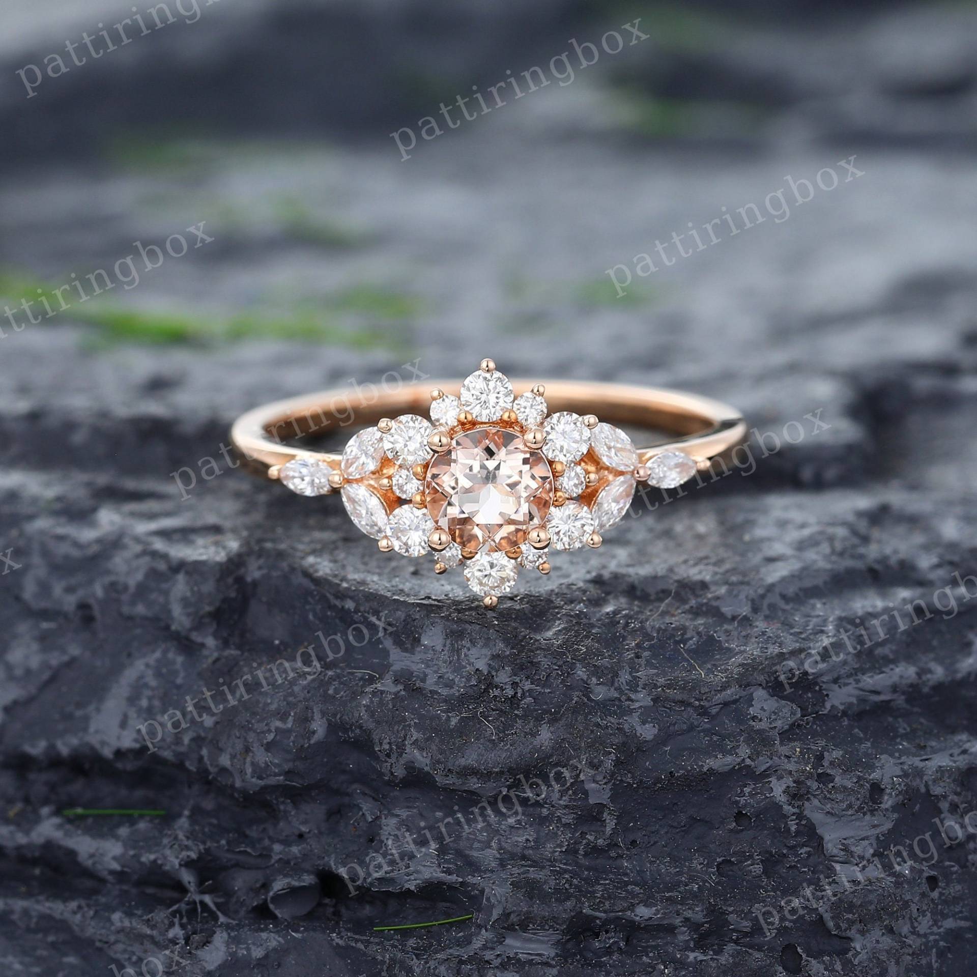 Einzigartiger Morganit Verlobungsring Vintage Roségold Diamant Marquise Cluster Ring Art Deco Jubiläum Versprechensring Für Frauen von pattiringbox