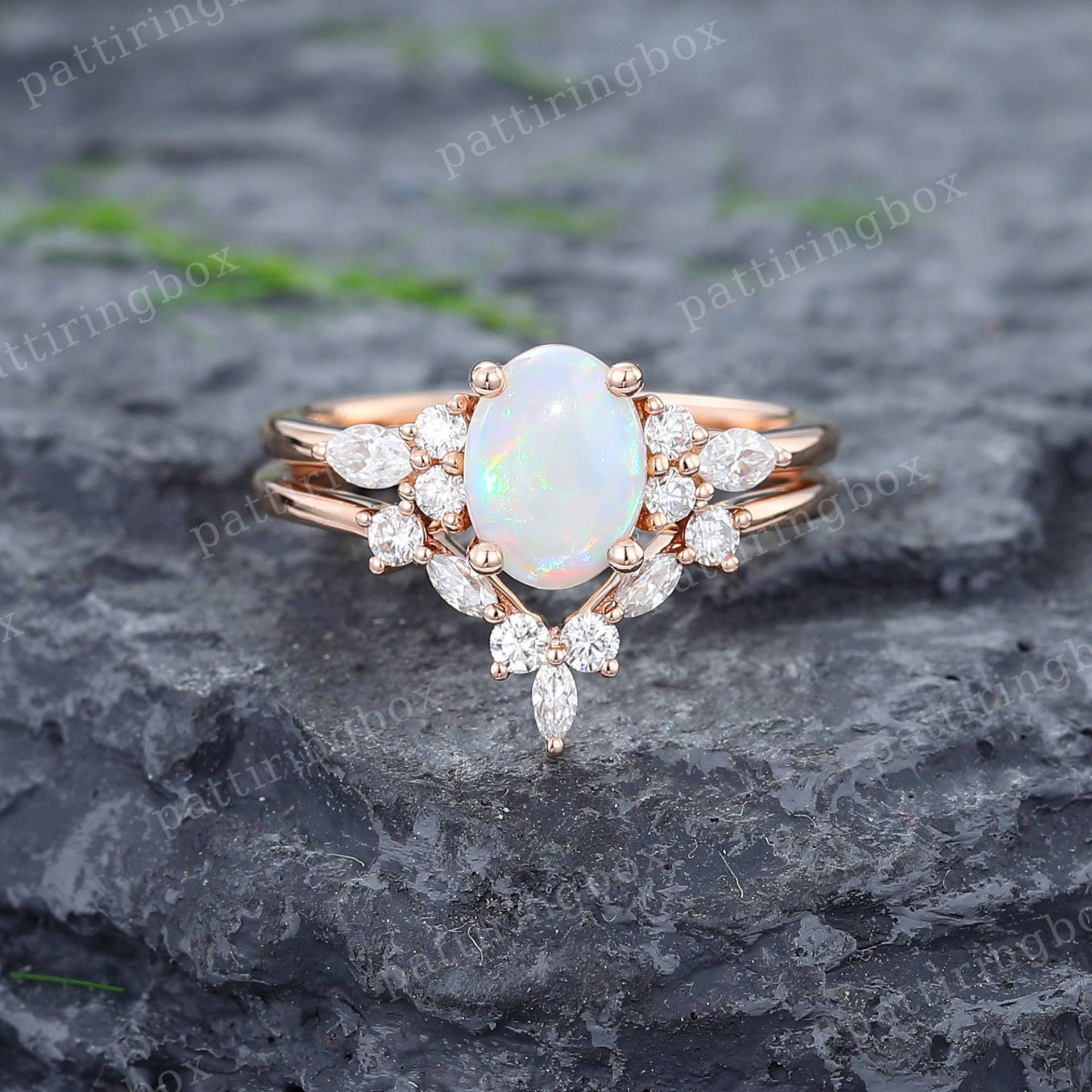 Einzigartiger Oval Opal Verlobungsring Set Rose Gold Marquise Schliff Diamant Cluster Ring Vintage Braut Jubiläum Versprechen Für Frauen von pattiringbox