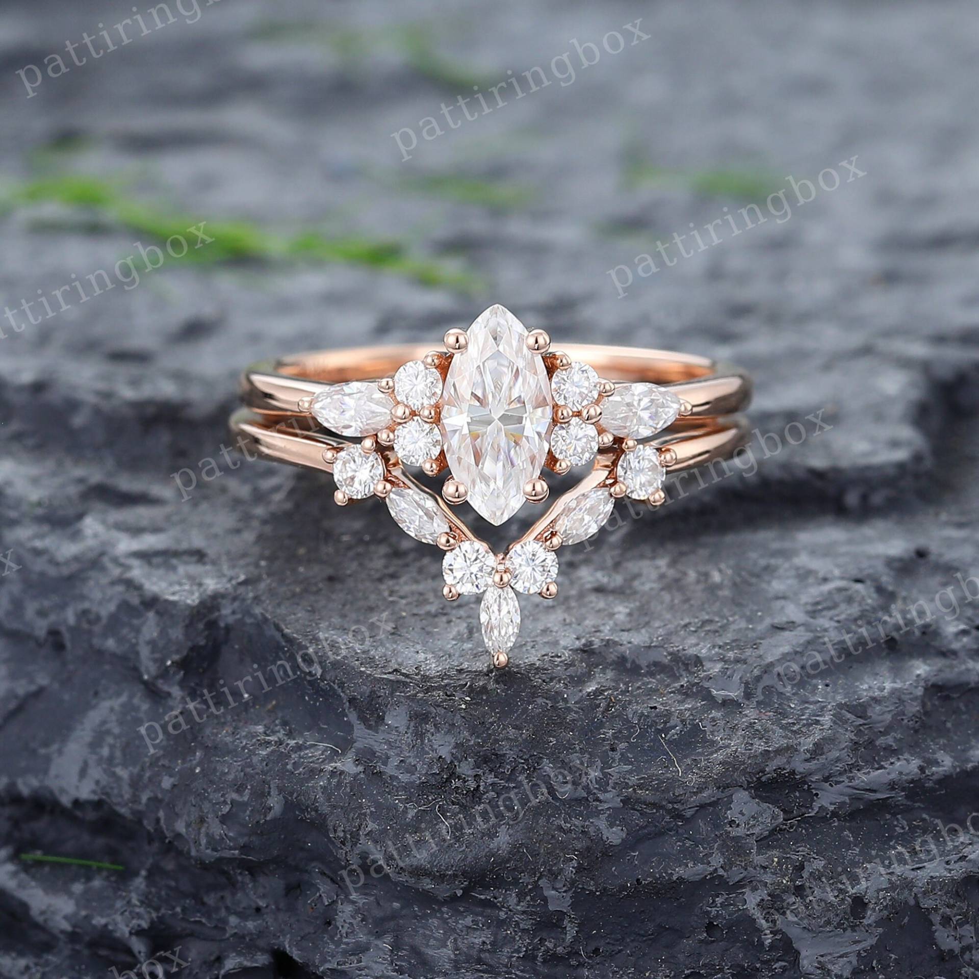 Marquise Schliff Moissanite Verlobungsring Set Einzigartige Rose Gold Diamant Cluster Ring Vintage Braut Jubiläum Versprechen Frauen Geschenk von pattiringbox