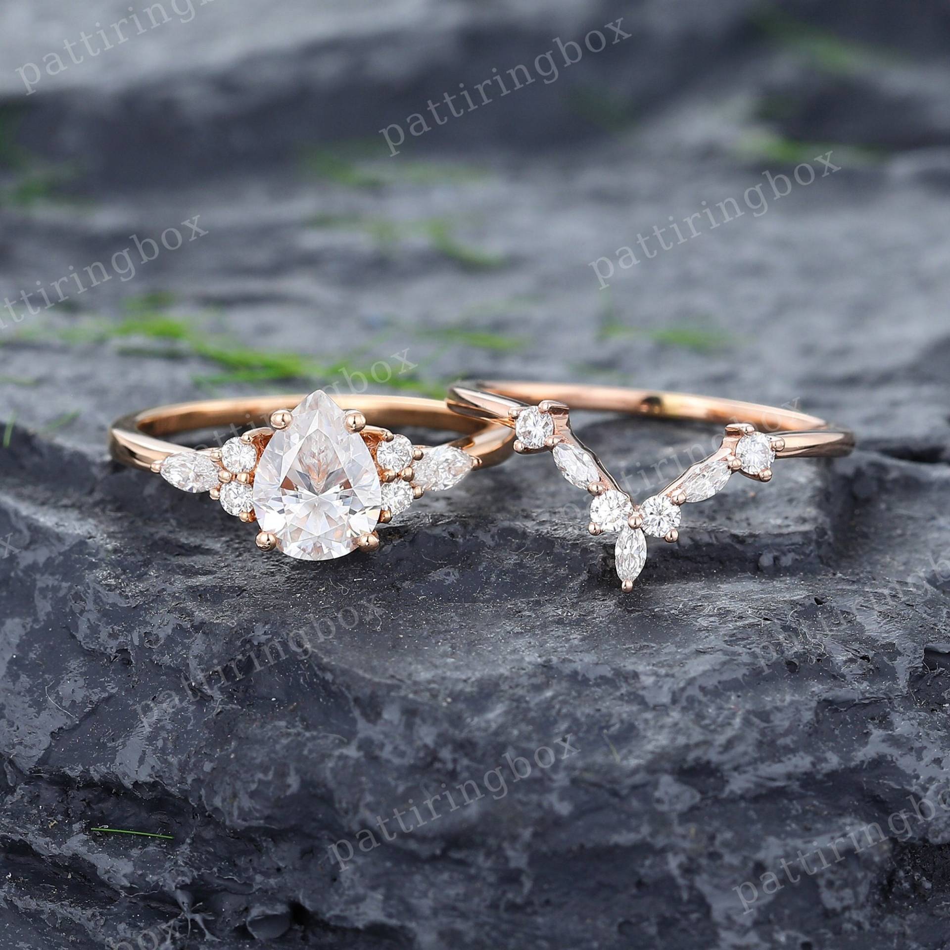 Pear Moissanite Verlobungsring Set Einzigartige Rose Gold Marquise Diamant Cluster Ring Vintage Braut Jubiläum Versprechen Frauen Geschenk von pattiringbox
