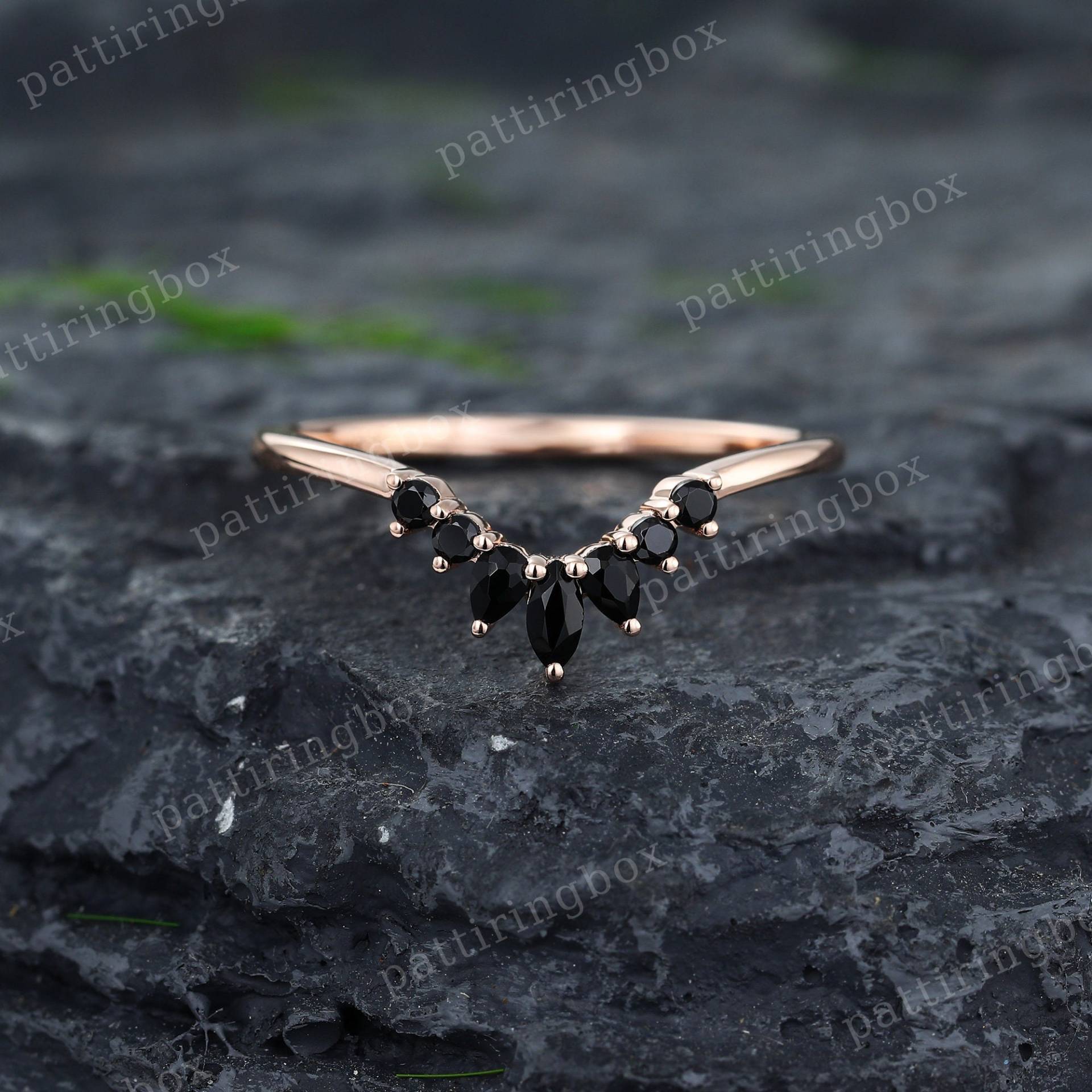 Schwarzer Onyx Hochzeit Band Einzigartiger Marquise-Schliff Roségold Ehering Art-Deco Passend Stapelbarer Ring Vintage Versprechensring Für Frauen von pattiringbox