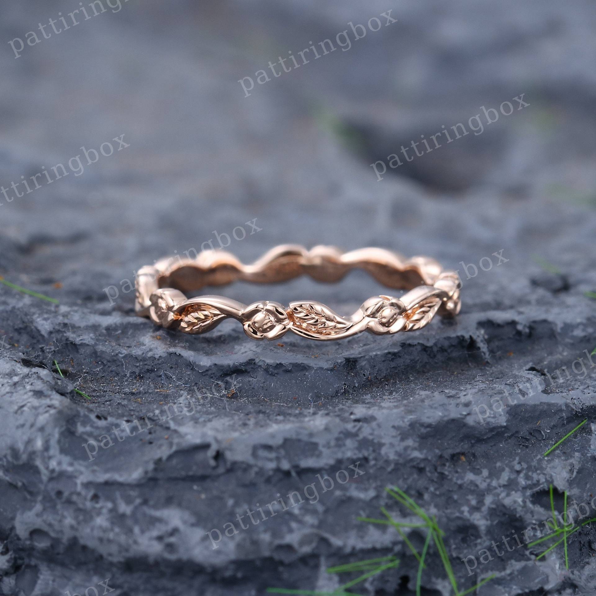 Zarter Ehering Einfacher Rose Gold Art Deco Blatt Passender Stapelbarer Ring Schlichter Vintage Versprechen Geschenk Für Frauen von pattiringbox