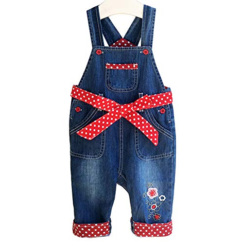 Peacolate 3M-3Jahre Säugling Baby Mädchen Denim Overall Bestickter Latzhose Jeanshose mit Rotem Gürtel(12-18m, Rot) von Peacolate