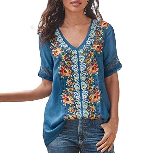 Pitashe Damen Tops Elegant Retro V-Ausschnitt Kurzarm Nähen Drucken Damen Sommer T-Shirts Crop Top Weste Tank Top Mode Party Oberteile Blusen Camisole Hemd Bekleidung Vest Bauchfrei Tunika Shirts Tops von pitashe Tops