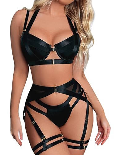 popiv Damen Dessous Set 4 Stück Strapse Dessous mit Oberschenkel Bündchen Träger Unterwäsche Set mit Strumpfgürtel, Schwarz , 42 von popiv