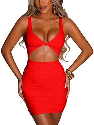 popiv Damen Minikleid Eng Partykleid Kurz V-Ausschnitt Bodycon Kleider Ärmellos Sexy Kleider mit Twist vorne von popiv