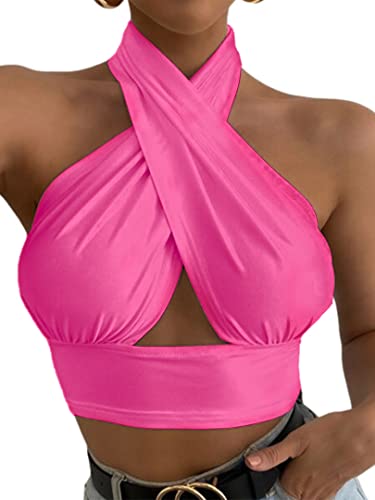 popiv Damen Neckholder Top Sexy Corset Top Crisscross Ärmellos Einfarbig Oberteil Rückenfrei Crop Tops von popiv