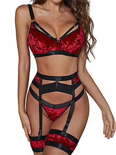 popiv Sexy Dessous Set für Frauen 4-teiliges BH und Höschen Set mit Strumpfband Gürtel Träger Dessous Set mit Oberschenkelmanschetten, Samtrot, 42 von popiv