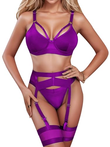 popiv Sexy Dessous Set für Frauen 4-teiliges BH und Höschen Set mit Strumpfband Gürtel Träger Dessous Set mit Oberschenkelmanschetten, violett, 42 von popiv