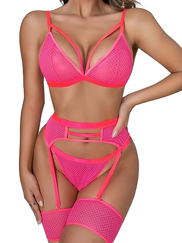 popiv Sexy Dessous für Damen, mit Riemchen, Spitze, Strumpfband, Dessous-Set, hohe Taille, durchscheinendes Netzgewebe, Rose, Large von popiv